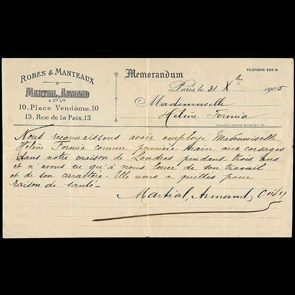 Certificat de travail de la maison Martial et Armand (1905)