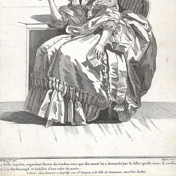 Gallerie des Modes et Costumes Français, 1778-1787, gravure n° zz 274, Belle inquiète par Watteau (1784)