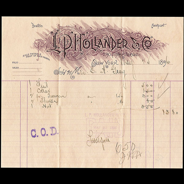 L.P. Hollander - Facture de L.P. Hollander, 210 Fifth Avenue, Madison Square à New York (1896)