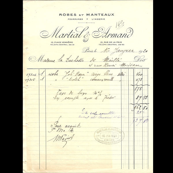 Facture de la maison Martial et Armand, 10 place Vendôme à Paris (1920)