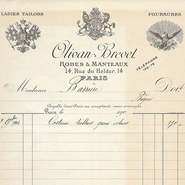 Olivan-Brevet - Facture de la maison de couture, 14 rue du Helder à Paris (1906)