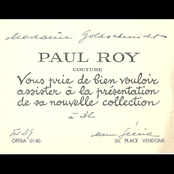 Carton d'invitation de la maison Paul Roy, 26 place Vendôme à Paris (circa 1937-1940)