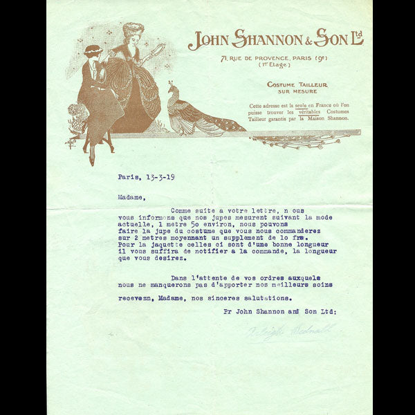 Lettre de la maison John Shannon & Son, 71 rue de Provence à Paris (1919)