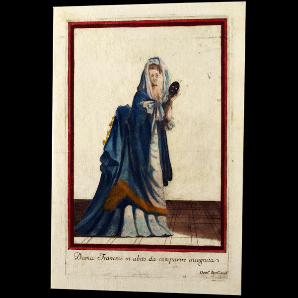 Dama Francese in Abito da Comparire Incognita, gravure italienne de Domenico Bonavera d'après Jean-Baptiste Bonnart (circa 1680)