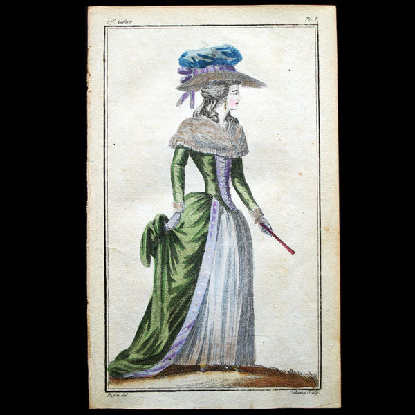 Cabinet des modes, planche I, 17ème cahier - Robe verte à parements violets (15 juillet 1786)