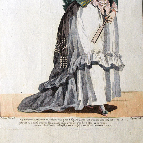 Gallerie des Modes et Costumes Français, 1778-1787, gravure n° && 277, la prudente Amazone par Watteau (1784)