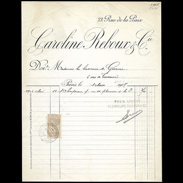 Facture de la maison Caroline Reboux, 23 rue de la Paix à Paris (1907)