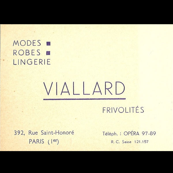 Carte de visite de la maison Viallard Frivolités, 392 rue Saint-Honoré à Paris (circa 1935)