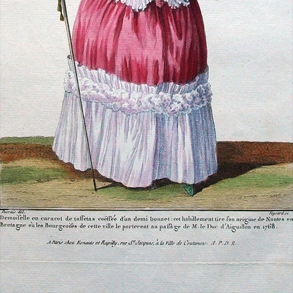 Gallerie des Modes et Costumes Français, 1778-1787, gravure n° M 72, Demoiselle en caracot (1778)