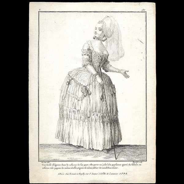 Gallerie des Modes et Costumes Français, 1778-1787, gravure n° Y 137, Cauchoise élégante par Desrais (1779)