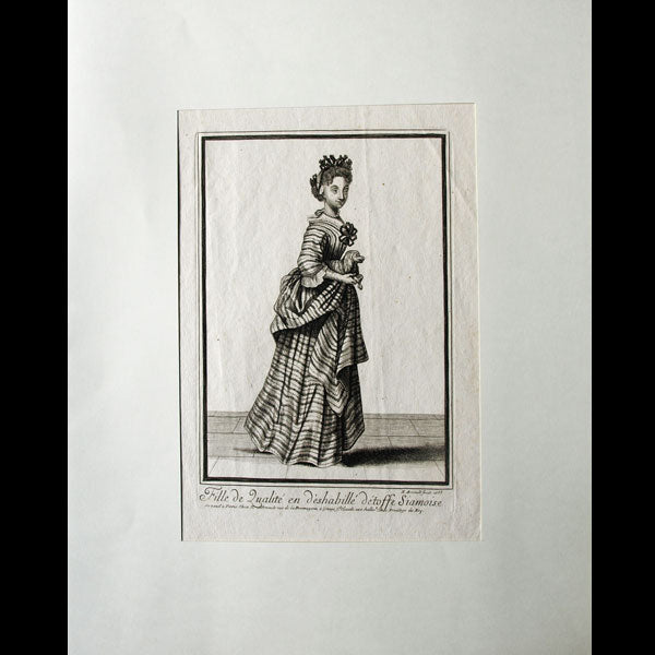 Fille de qualité en déshabillé d'étoffe siamoise, gravure d'Arnoult (1688)