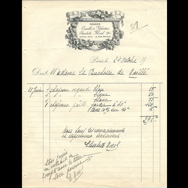 Facture de la maison de modes Camille et Valentine, Elisabeth Morel, 12 rue Royale à Paris (1919)
