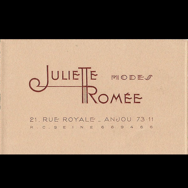 Juliette Romée - Carte de la maison de modes , 21 rue Royale à Paris (circa 1935)
