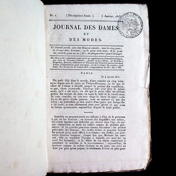 Le Journal des Dames et des Modes, Costumes Parisiens, réunion de 68 livraisons de la 17ème année (1813)