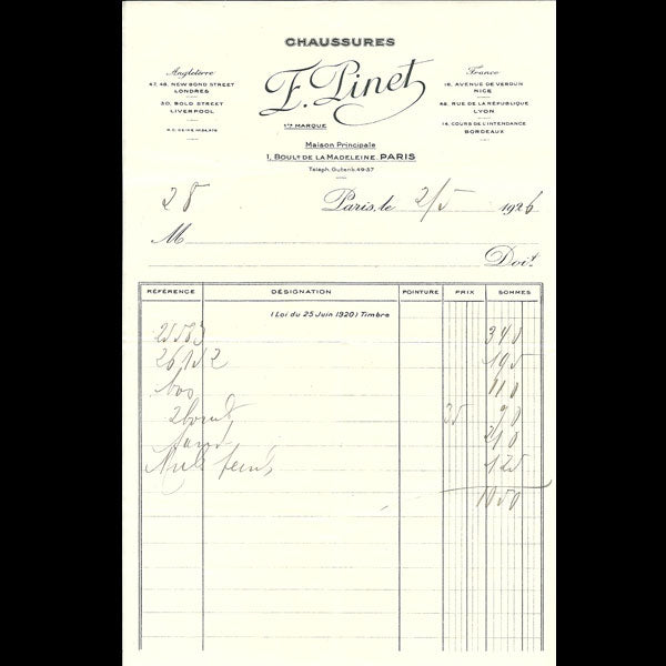Facture de la maison de chaussures François Pinet, boulevard de la Madeleine à Paris (1926)