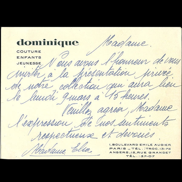 Carton d'invitation de la maison Dominique, 1 boulevard Emile Augier à Paris (circa 1930)