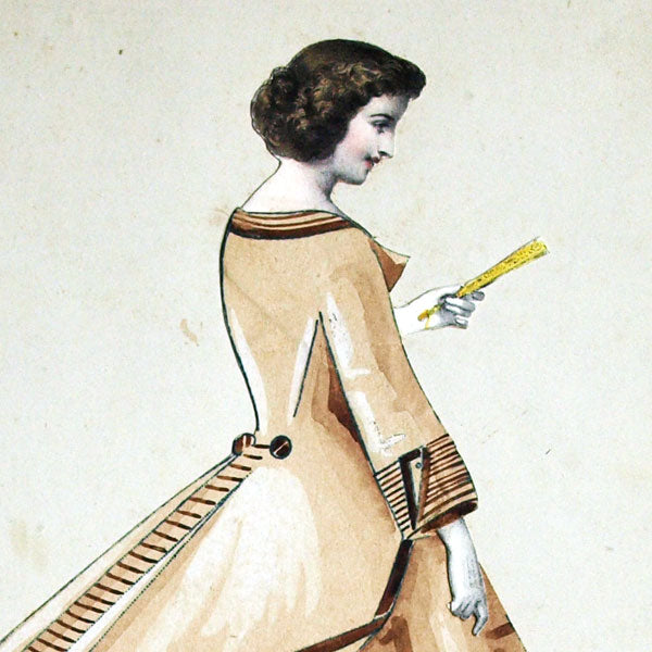 Projets de robes, ensemble de 3 dessins à l'aquarelle d'un dessinateur en costumes et robes (circa 1860-1870)