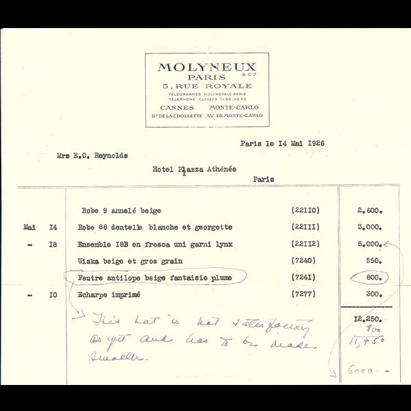 Facture de Molyneux (1926)