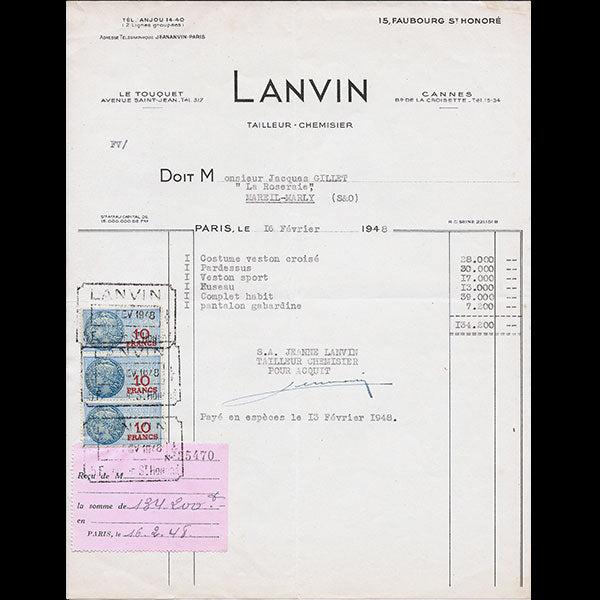 Facture de la maison Lanvin Tailleur Chemisier, 15 Faubourg Saint-Honoré à Paris (1948)