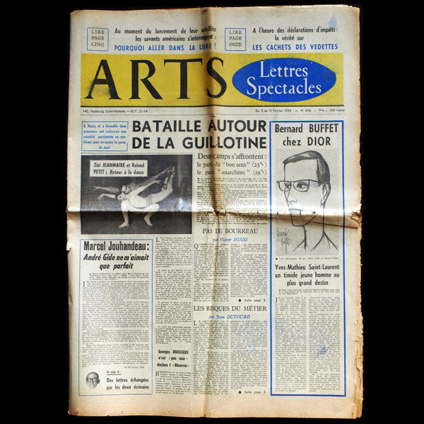 Arts, Lettres, Spectacles, 11 février 1958 - Bernard Buffet chez Dior (Yves Saint-Laurent) - article et illustration de Bernard Buffet