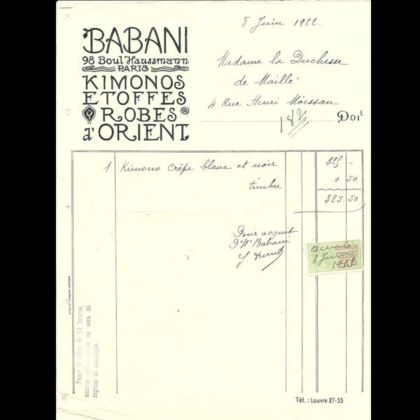 Facture de la maison Babani, 98 boulevard Haussmann à Paris (1922)