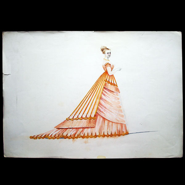 Projets de robes, ensemble de 2 dessins à l'aquarelle d'un dessinateur en costumes et robes (circa 1870)