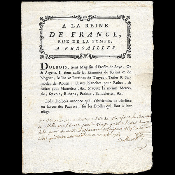 A la Reine de France - Facture du magasin d'étoffes de soie rue de la Pompe à Versailles (1765)