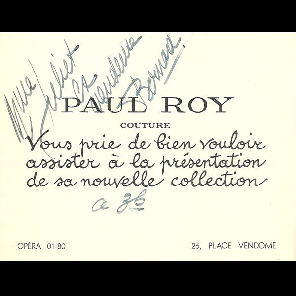 Carton d'invitation de la maison Paul Roy, 26 place Vendôme à Paris (circa 1937-1940)