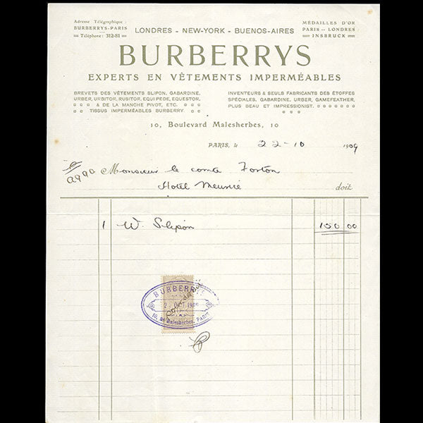 Burberrys - Facture de la maison experte en imperméables, 10 boulevard Malesherbes à Paris (1909)