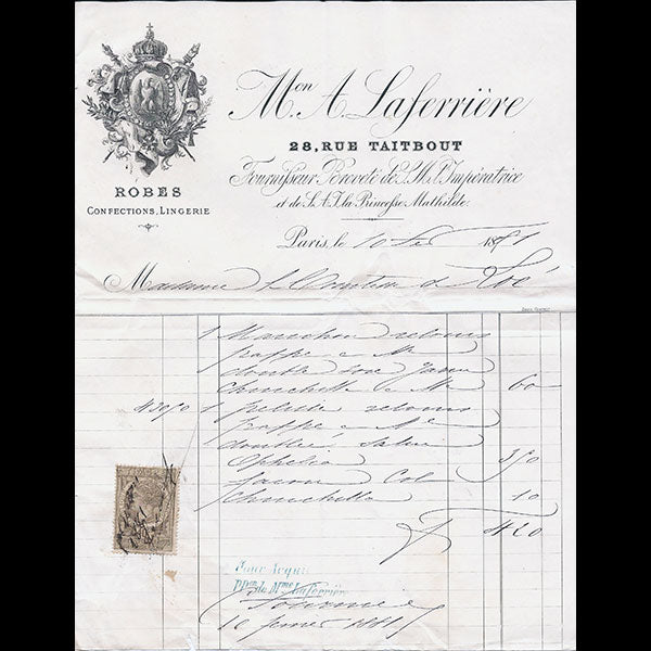 Facture de la maison A. Laferrière, robes, confections, lingerie, 28 rue Taitbout à Paris (1881)