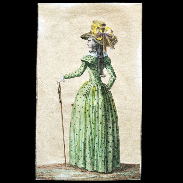 Cabinet des modes, planche 2, 24ème cahier - Femme en redingote en drap vert (1er novembre 1786)