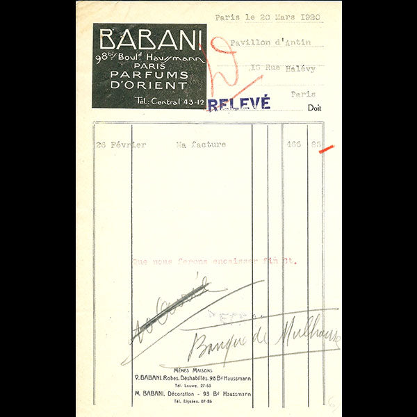 Babani - Facture de la maison Babani, 98 bis boulevard Haussmann à Paris (1920)