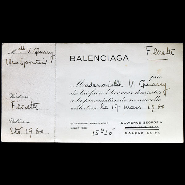 Balenciaga, invitation au défilé de présentation de la collection Eté 1960, 17 mars 1960