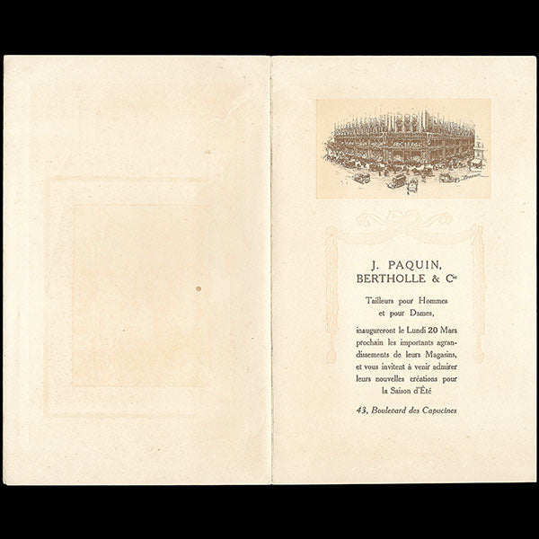 Paquin-Bertholle - Invitation à l'inauguration des agrandissements, illustration de Bernard Boutet de Monvel (1908)