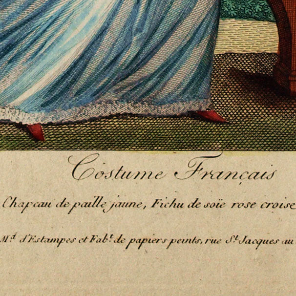 Basset - Costume Français, Chapeau de paille jaune, Fichu de soie rose croisé (circa 1795)