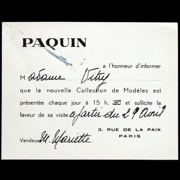 Carton d'invitation de la maison Paquin, 3 rue de la paix à Paris (circa 1940)