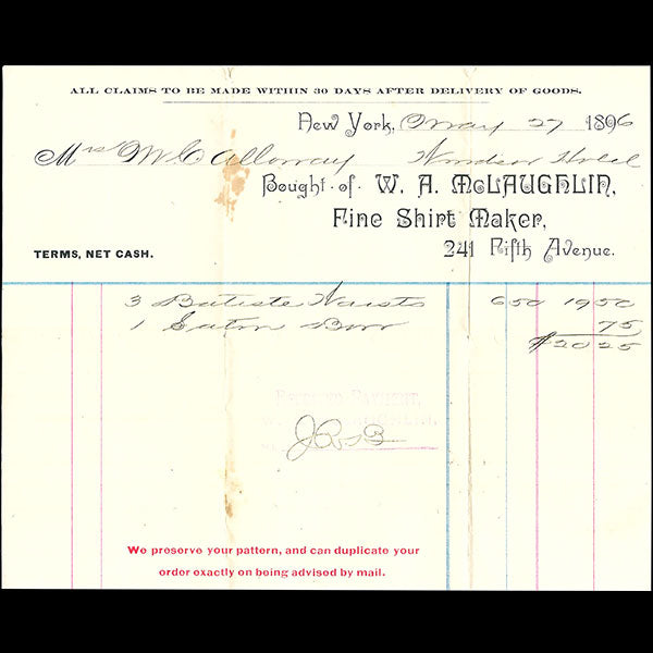 W. A. McLaughlin - Facture de W. A. McLaughlin, chemisier, 241 Fifth Avenue à New York (1896)