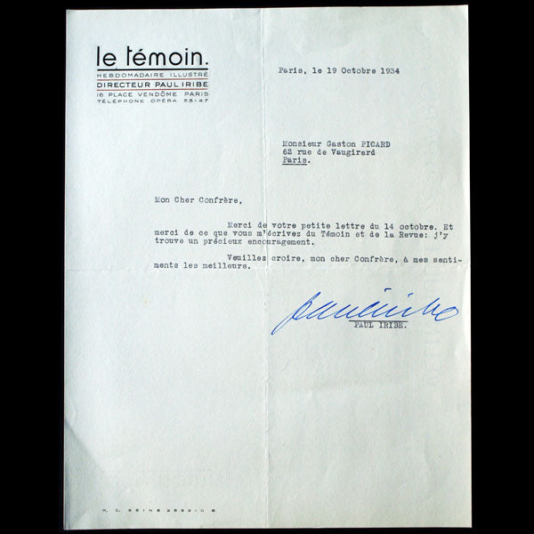 Paul Iribe - Lettre à l'en-tête du Témoin (1934)