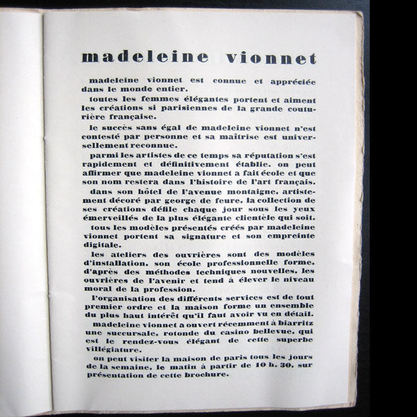 Vionnet - Livret de présentation de la maison avenue Montaigne à Paris (circa 1925)