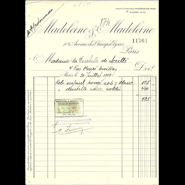 Facture de la maison de couture Madeleine & Madeleine, 104 avenue des Champs-Elysées à Paris (1923)