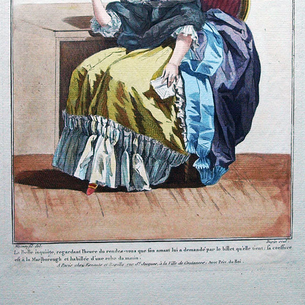 Gallerie des Modes et Costumes Français, 1778-1787, gravure n° zz 274, Belle inquiète par Watteau (1784)