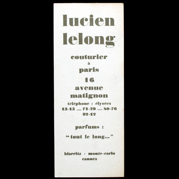 Marque page Lucien Lelong, 16 avenue Matignon à Paris (circa 1925)