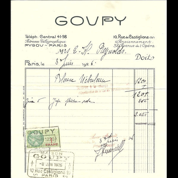 Facture de la maison Goupy, 10 rue Castiglione à Paris (1926)