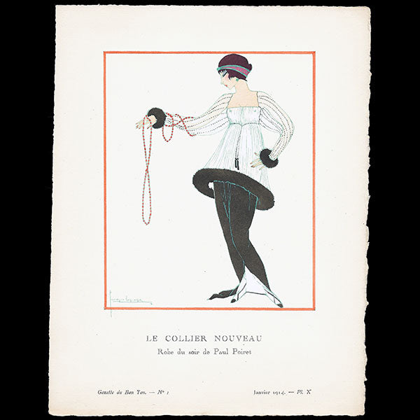 Gazette du Bon Ton - Le Collier nouveau, robe du soir de Paul Poiret, planche de Georges Lepape (n°1, 1914)