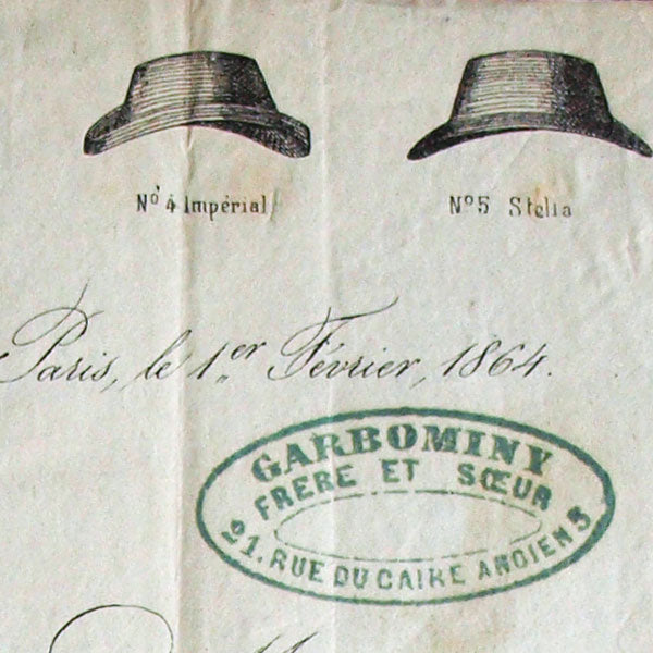 Lettre de la maison de chapeaux Garbominy, 21 rue du Caire ancien à Paris (1864)