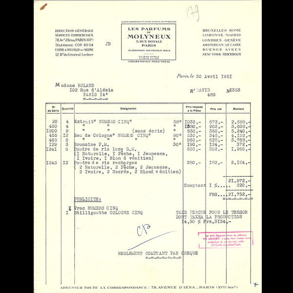 Facture des Parfums Molyneux, 5 rue Royale à Paris (1951)