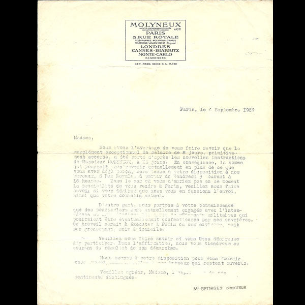 Correspondance de la maison Molyneux à une de ses employées (1939-1940)