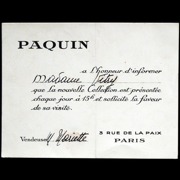 Carton d'invitation de la maison Paquin, 3 rue de la paix à Paris (circa 1940)