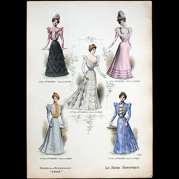 Doucet, Paquin et Longain - Costumes de la pièce Snob, gravure de La Mode Artistique (1897)