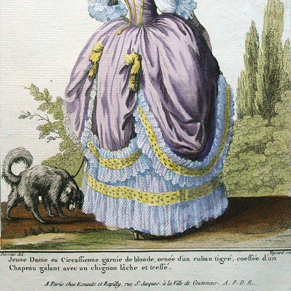 Gallerie des Modes et Costumes Français, 1778-1787, gravure n° H 44, Jeune Dame en Circassienne garnie de blonde (1778)